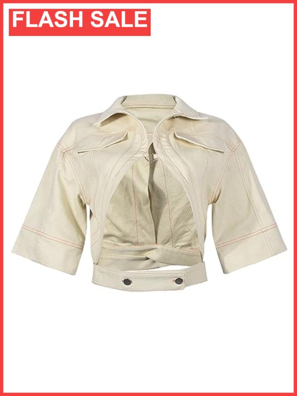 Cropped Lace-Up Jacket Short Sleeve Hollow Out Casual Coat